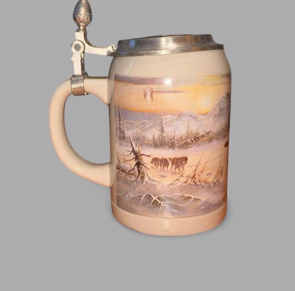 Domex German Ceramic Beer Stein with Hinged Pewter Lid and Wolf Scene